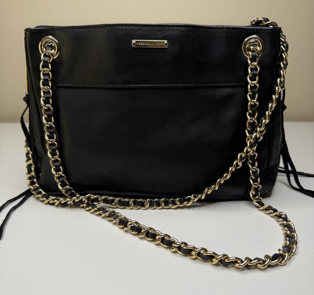 Rebecca Minkoff Swing Convertible Shoulder Bag Black Leather Chain Strap Zip Top